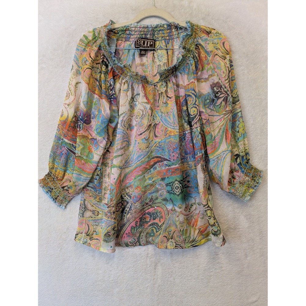 Cowgirl Up Womens Small Paisley‎ Floral Smocked Blouse Multicolor Sequin